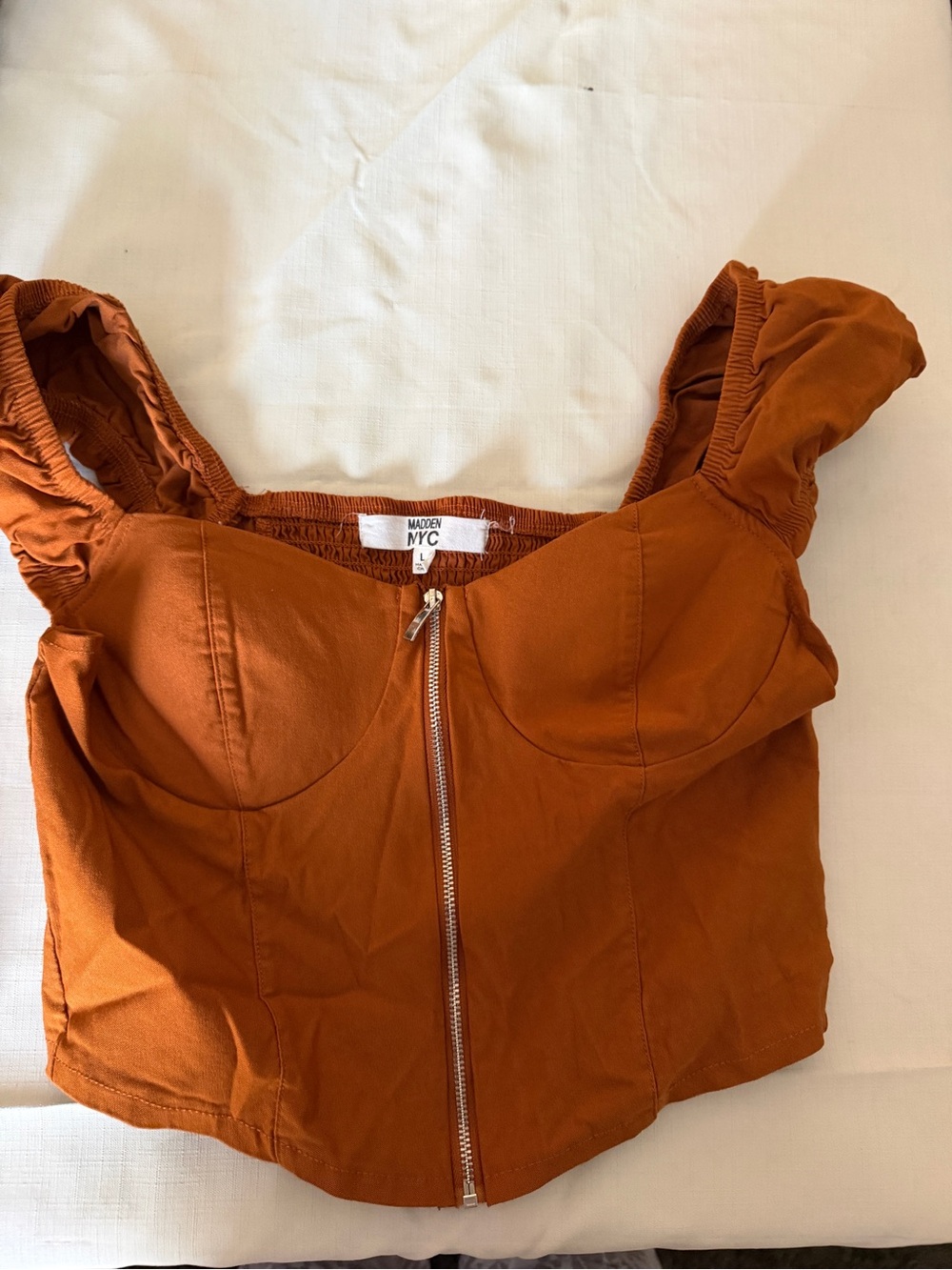 Madden NYC Rust Zip-Front Cropped Sweetheart Top
